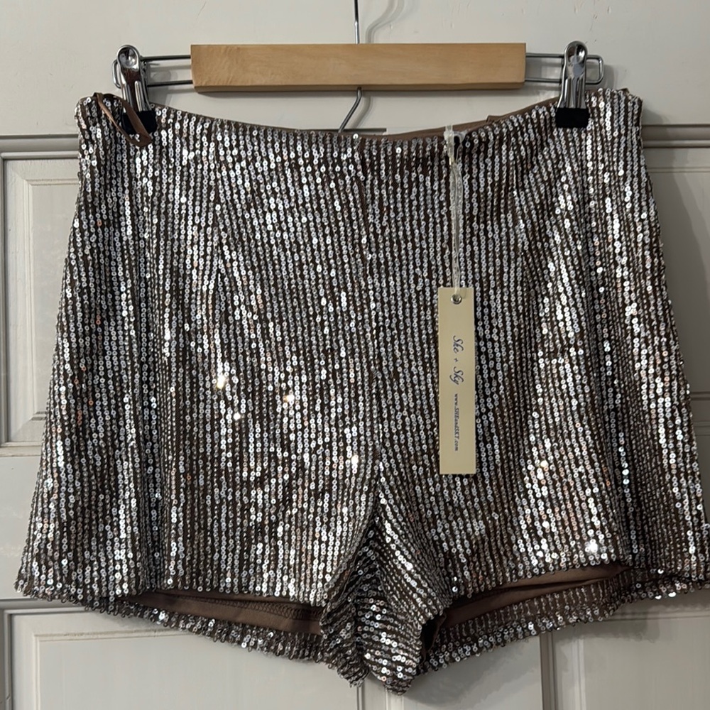 She + Sky Silver Sequin High Waist Shorts